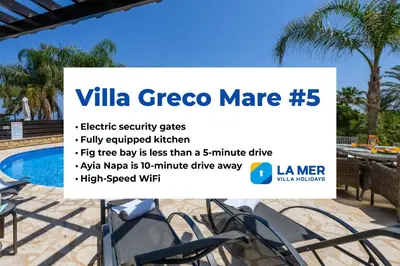 a sign for a villa greenoco mare furniture at Villa Greco Mare #5 in Paralimni