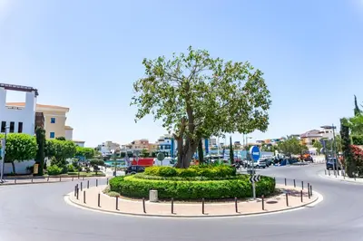 a tree in the middle of a street at Limassol Marina Nereids D22 by Ezoria Villas in Limassol
