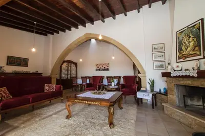 a living room with a couch and a fireplace at Samareitidos Light Cottage in Anaphotia