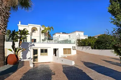 a white house with palm trees in front of it at Villa Harmony in Protaras