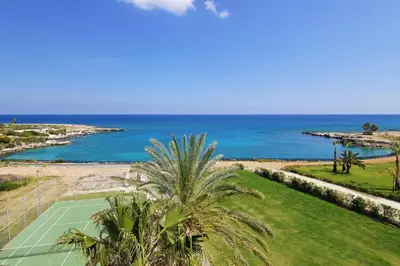 an aerial view of a tennis court and the ocean at Apartment Erika in Protaras