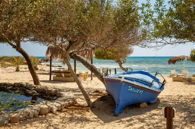 a blue boat sitting on the beach next to trees at Thalassines Villas in Ayia Napa