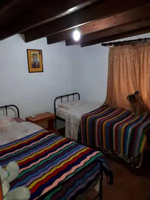 a cat sitting on a bed in a bedroom at Agrompelo House in Agros