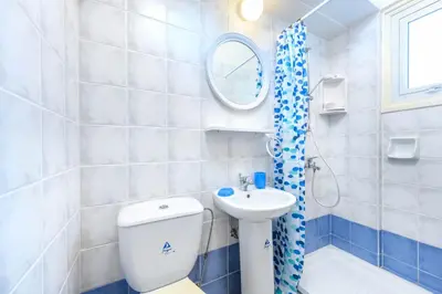 a bathroom with a toilet and a sink and a mirror at Villa Penelope in Protaras