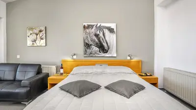 a bedroom with a bed with two paintings on the wall at Troodos Hotel & Spa in Troodos