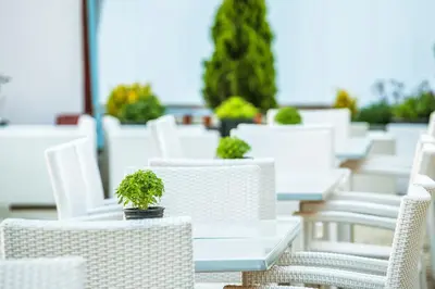 a row of white chairs and tables with plants on them at Troodos Hotel & Spa in Troodos
