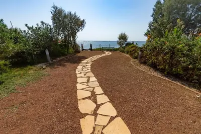 a stone path leading to the ocean on a sunny day at Mariliz in Larnaka