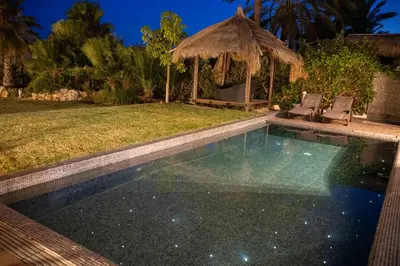 a swimming pool in a backyard at night at Balinese in Ayia Napa