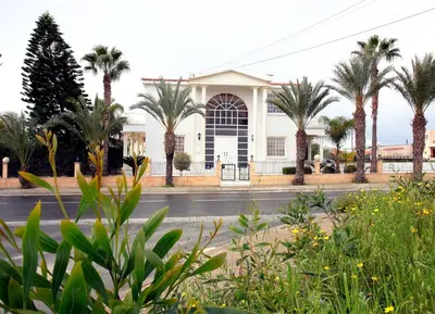 a building with palm trees in front of a street at The White House in Larnaka