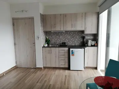 a kitchen with wooden cabinets and a white refrigerator at Chicos Studios in Ayia Napa