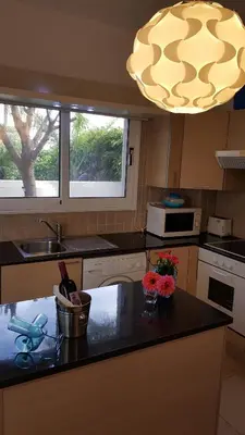 a kitchen with a sink and a large light fixture at Million flowers in Protaras