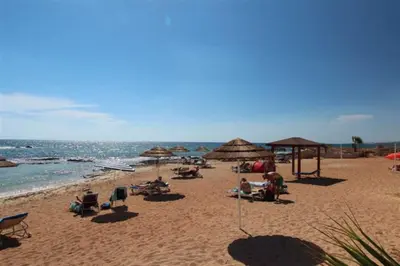 a group of people sitting on a beach with umbrellas at Katerina in Ayia Napa