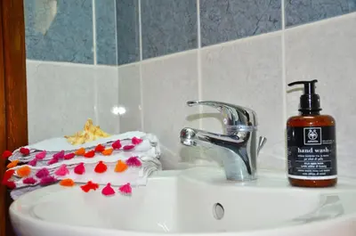 a bathroom sink with a bottle of soap on it at Gold Mountain House in Moutoullas