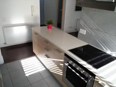 a kitchen with a white counter top with a plant on it at The Kapitani Residence in Nicosia