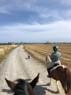 a woman riding a horse down a dirt road at Tranquil Country Condo - Tersefanou in Larnaka