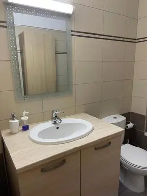 a bathroom with a sink and a toilet and a mirror at Tranquil Country Condo - Tersefanou in Larnaka