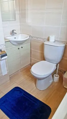 a bathroom with a toilet and a sink and a blue rug at Kapparis town house in Paralimni