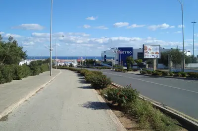 an empty road with bushes and flowers on the side at Lucky 5 in Paralimni