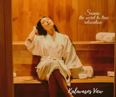 a woman sitting on a bench in a sauna at Kalavasos View Traditional Apartments in Kalavasos