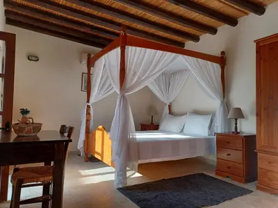 a bedroom with a canopy bed and a desk at Kleanthis House in Tochni
