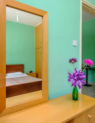 a bedroom with a mirror and a vase with purple flowers at Platres Valley Houses in Platres