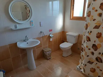 a bathroom with a sink and a toilet and a mirror at Rantzo Holiday Apartments in Pissouri