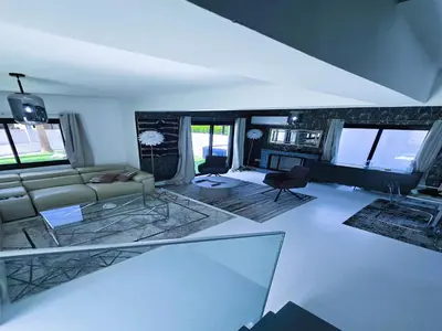 an overhead view of a living room with a couch at 3 Bedroom Villa, private pool, hot tub in Protaras