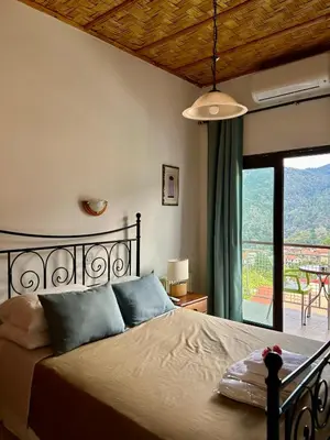 a bedroom with a bed with a view of a balcony at Two Flowers Hotel in Pedoulas