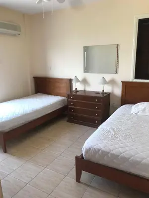 a bedroom with two beds and a flat screen tv at Limni Pool House B in Larnaka