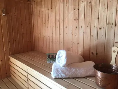 a sauna with a chair in a wooden room at Deluxe First Line Villa in Pervolia