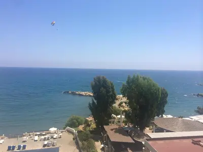 a view of the ocean with trees and a beach at Gulf Palace Apartments in Limassol
