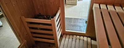 an overhead view of a staircase in a wooden cabin at SeaView 6 Bedroom Villa & Private Pool in Limassol