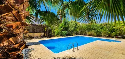 a swimming pool with palm trees next to a resort at Holidays Villas in Pissouri