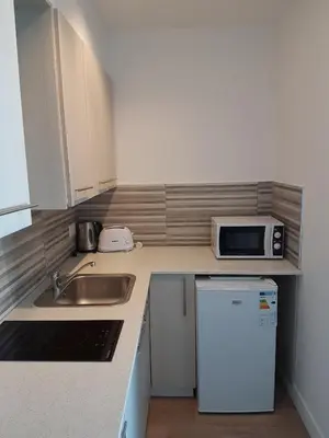 a small kitchen with a sink and a microwave at Melini Hotel Suites in Protaras
