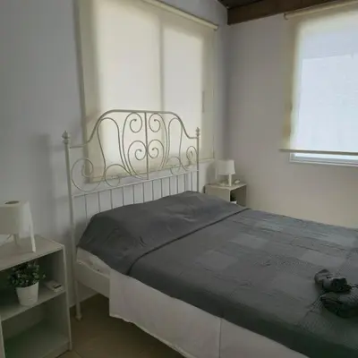 a bedroom with a bed with a gray blanket and a window at Merab Holidays Apartments FA213 in Ayia Napa