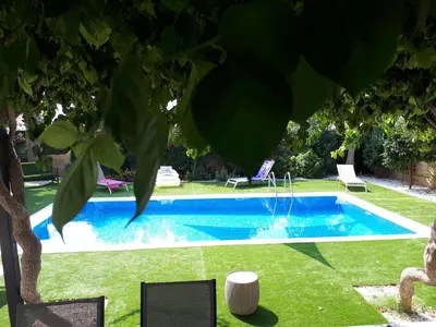 a swimming pool in a yard with a tree at Villa Bouboulina Cyprus in Ayia Napa