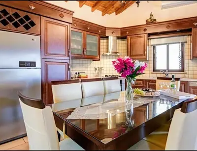 a kitchen with a table with a vase of flowers on it at Villa Elizabeth in Limassol