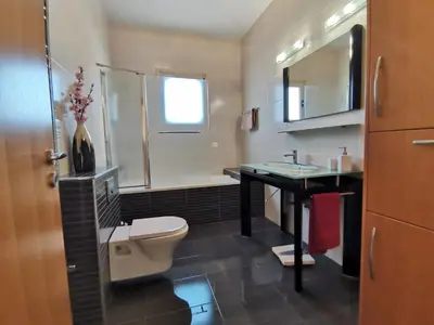 a bathroom with a toilet and a sink and a shower at Orchard Blossom Private Villa With Pool in Phrenaros