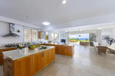 a large kitchen with wooden cabinets and a living room at Protaras Beachfront Villa Pietra in Protaras