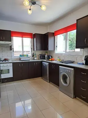 a kitchen with brown cabinets and a washer and dryer at Anasta villa in Protaras