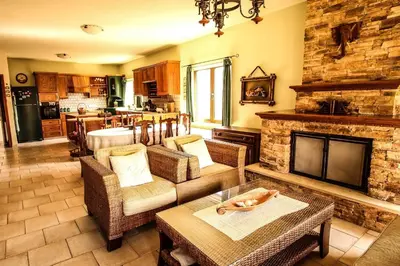 a living room with a couch and a fireplace at Rustic House in Xylophaghou