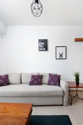 a living room with a couch with purple pillows at Welcome! Perfect Location-City Center in Larnaka