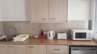 a kitchen with a counter top with a microwave and appliances at ZORBAS Sea View No 1 - Antoniella in Larnaka