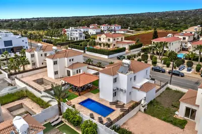 an aerial view of a house with a swimming pool at Villa Nissi Gold in Ayia Napa