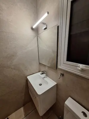 a bathroom with a sink and a mirror and a toilet at Villa Lynn Chill Out Seaview in Ayia Napa