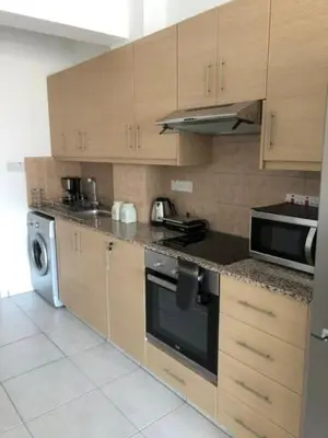 a kitchen with wooden cabinets and a stove and a microwave at Must Stay - City Center in Larnaka
