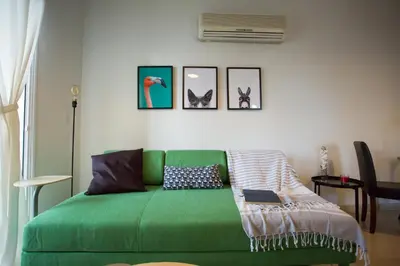a green couch in a living room with pictures on the wall at Yippee! Apartments I Town Center in Larnaka