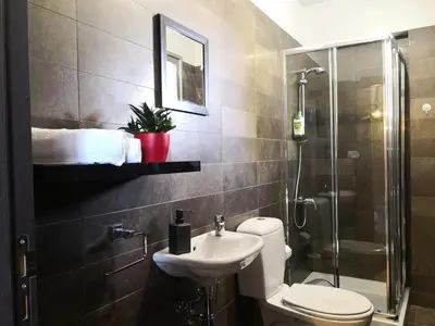 a bathroom with a toilet and a sink and a shower at The room in Larnaka