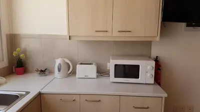 a kitchen with a microwave and a toaster on a counter at ZORBAS No 3 in Larnaka