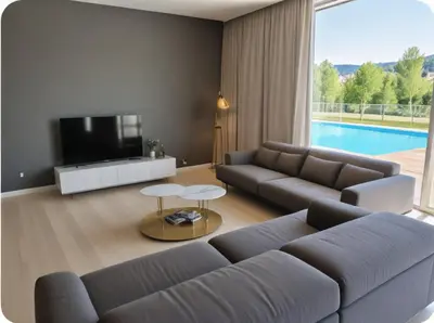 a living room with a couch and a flat screen tv at Seaview Luxury Villas Ayia Napa in Ayia Napa